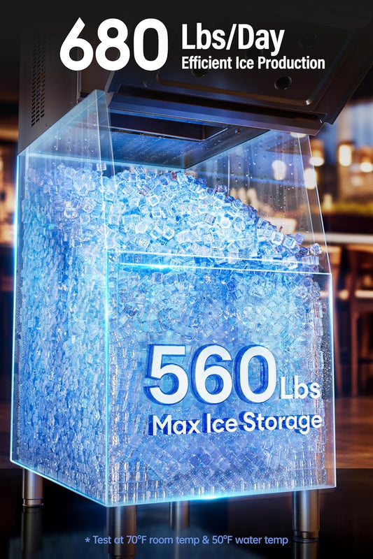 Commercial Ice Maker Machine 680LBS/24H 1200W Industrial Ice Machine Maker, 560LBS Stainless Steel Storage Bin, Air Cooled Modular Ice Cube Machine Commercial Ice Maker(Silver)