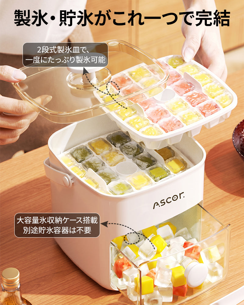 製氷皿 四角氷 氷24個 48個 保存容器付き 蓋付き 製氷器 製氷ケース 製氷・貯氷一体型 押し式 大容量 アイスキューブ 氷トレー 小分け 氷取り出しやすい 大容量 家庭用 冷凍保存 耐久性 お茶 コーヒー 飲み物 氷取りクリップ/日本語説明書付属
