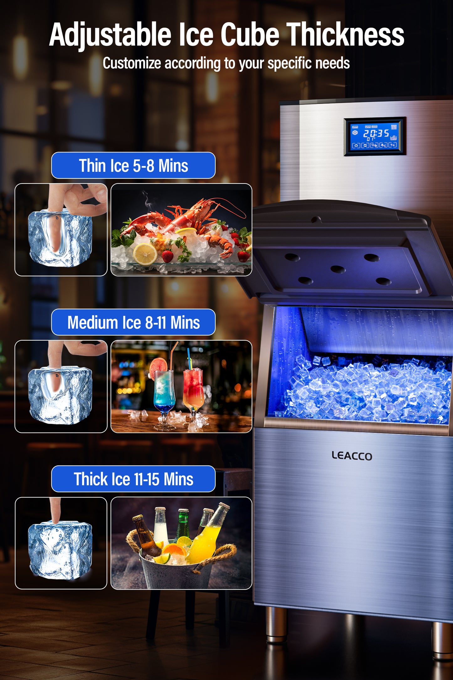 Leacco Commercial Ice Maker Machine 550LBS/24H with 330LBS Stainless Steel Storage Bin, Air Cooled Modular Ice Cube Machine, 1200W