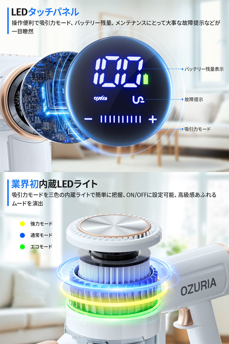 掃除機 コードレス サイクロン 45000pa 3段階吸引 超吸引 LEDランプ付き