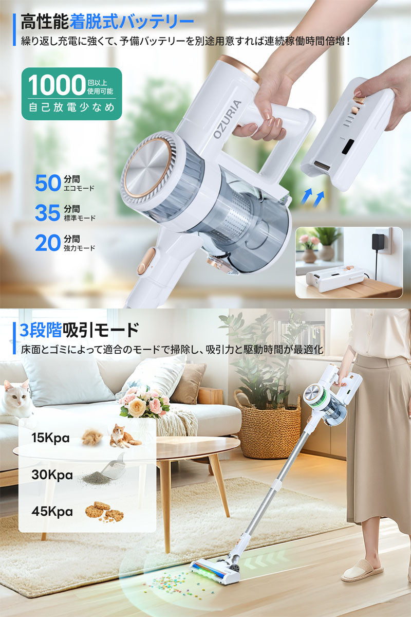 掃除機 コードレス サイクロン 45000pa 3段階吸引 超吸引 LEDランプ付き